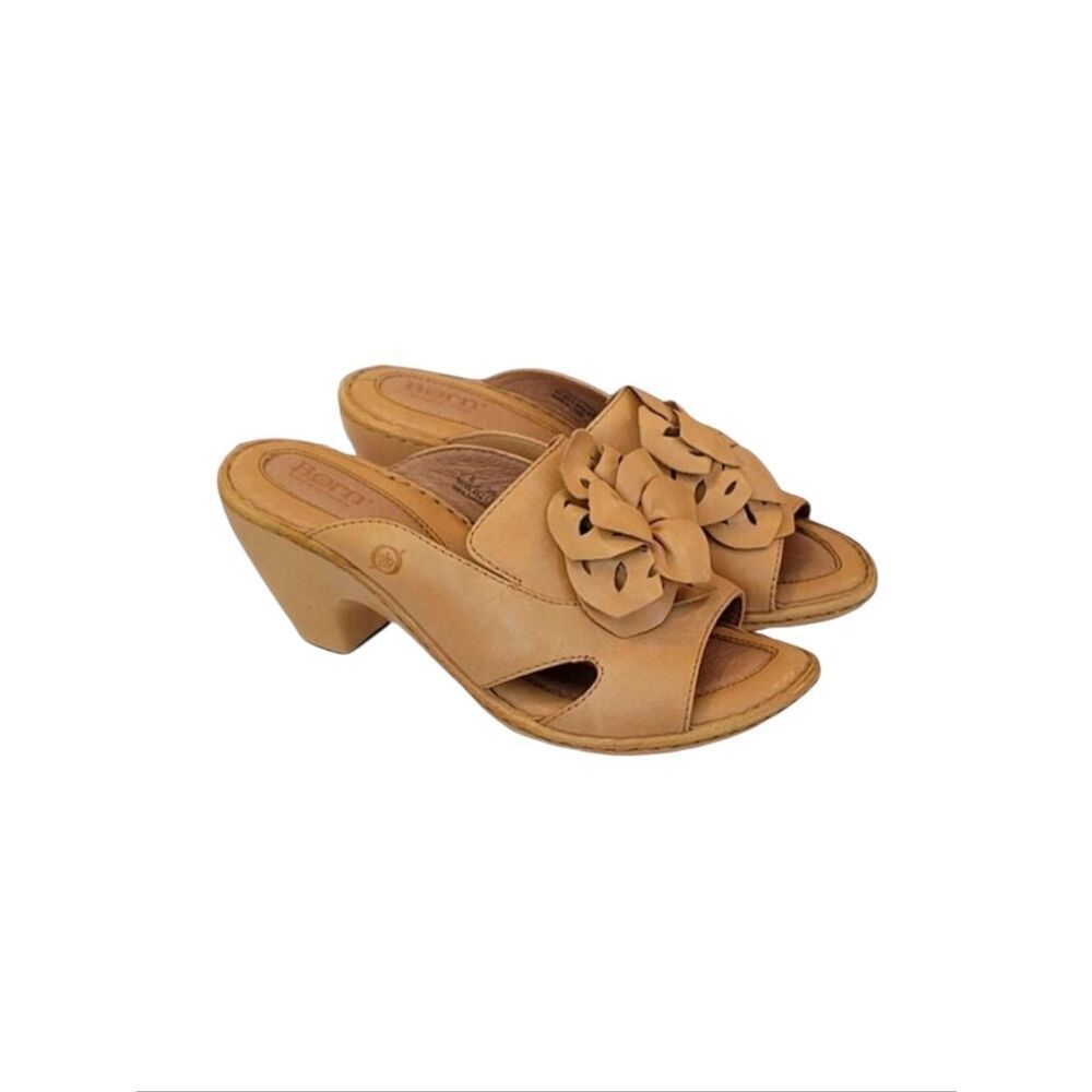 Born Hand Crafted Footwear Camel Leather Flower Open Toe Mule Sandal Siz…